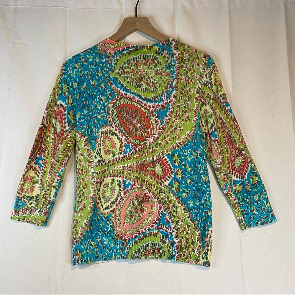 TALBOTS Women’s Size M Medium Sweater Cardigan 3/4 Sleeve Floral Mosiac - Picture 2 of 16